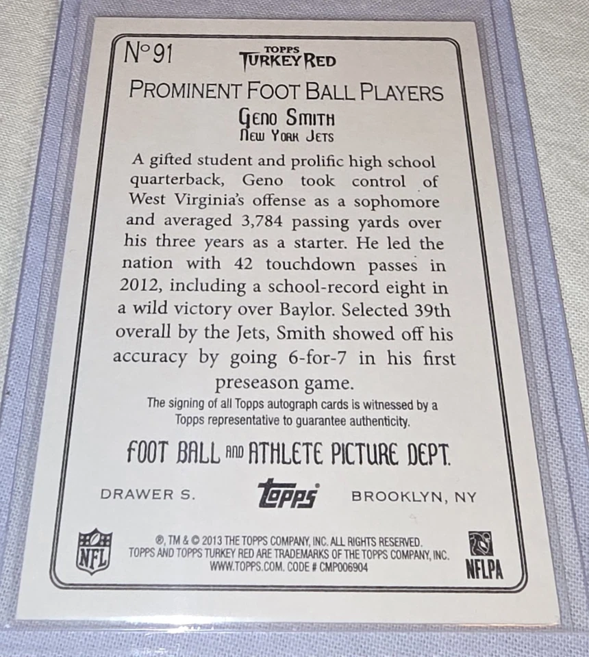 2013 Topps Turkey Red - Geno Smith RC AUTO #91 Autographs - Image 4 of 4