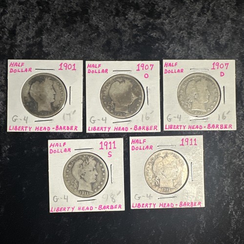 US Barber Silver Half Dollars Lot of 5 Misc. Dates 1901, 1907 O/D, 1911 S