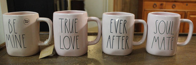 4 Rae Dunn Pink Valentine's Day Mugs ''Soul Mate True Love Ever After Be Mine''