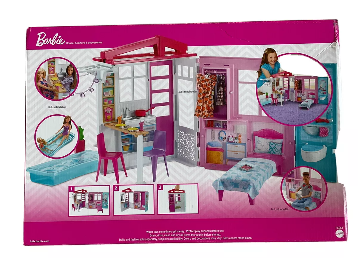 Barbie Portable 1-Story Toy Play Set Dollhouse with Doll, Pool, & Furniture