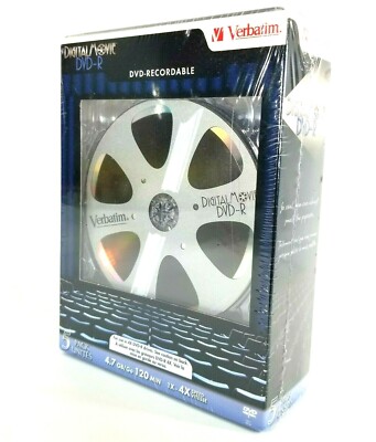 Verbatim DVD-R Discs 5 Pack, Blank DVD Media Storage, New Sealed Retro Film Reel