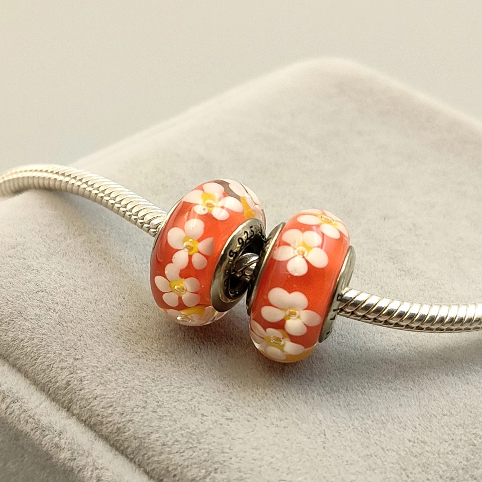 2шт подлинный цветок муранского стекла 925 пробы Европейский подвеска бусина - Изображение 2 из 4