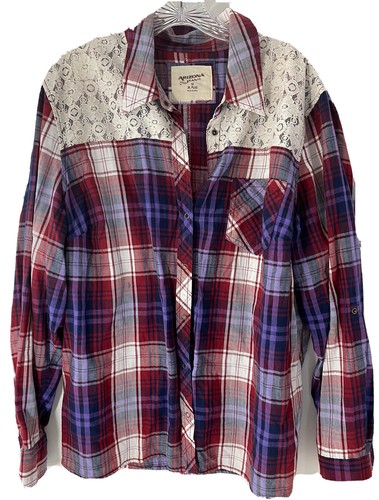 Arizona Jeans Co Purple Plaid Snap 