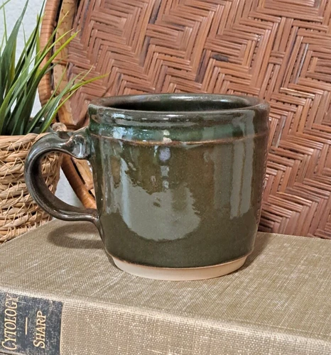 Studio Pottery Green Drip Glaze Coffee Mug Artist Signed