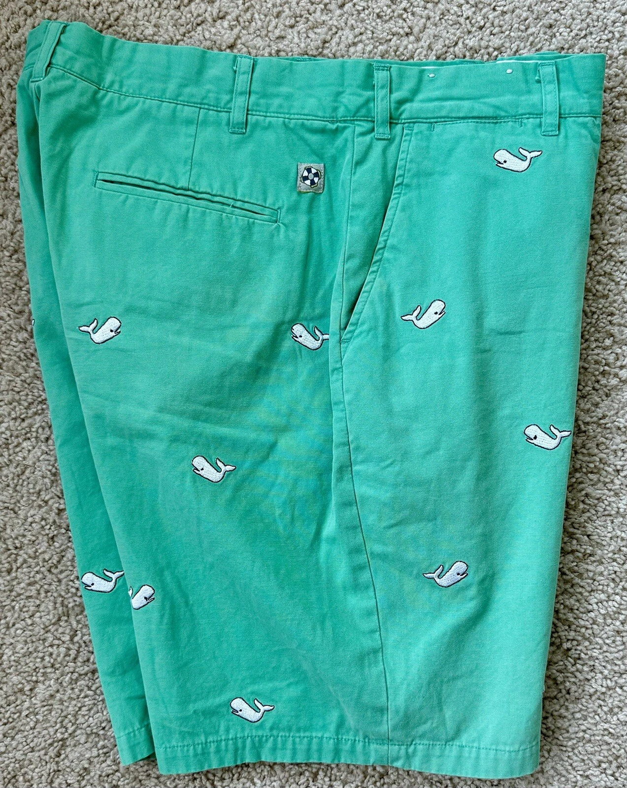 EUC Unique Castaway Green White Sperm Whales Embroidered Vacation Boat Shorts 32