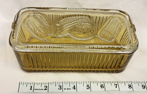 Vintage Yellow Amber Depression Federal  Ribbed Covered Refrigerator Dish 8 x 4
