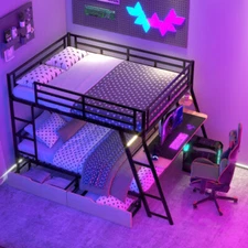 Full Size Metal Bunk Bed Frames with Built-in Desk LED Light and Storage Drawers