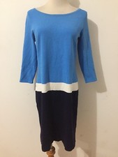Ann Taylor Bateau Neck Knit Sheath Sweater Dress Aqua, White & Navy Size S