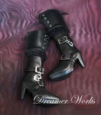 1/3SD BJD Shoes Leather High Heels Military Long Boots PUNK Lace Pendant Black
