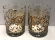 Double Old Fashion Glasses Barware MCM Retro Gold Scrolls + Rims  Set of 2