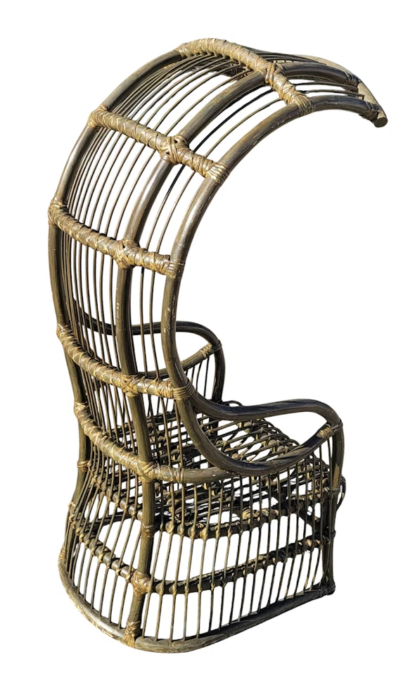 Silla trono Hollywood Regency MCM ratán caña dividida mimbre dosel verde albini Foto 3 de 4