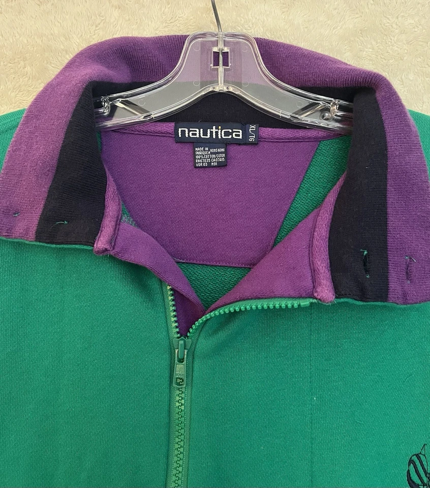 Vintage 90s NAUTICA Sweatshirt Men's XL 1/4 Zip Green Purple Pullover Sweatshirt - Image 3 of 4