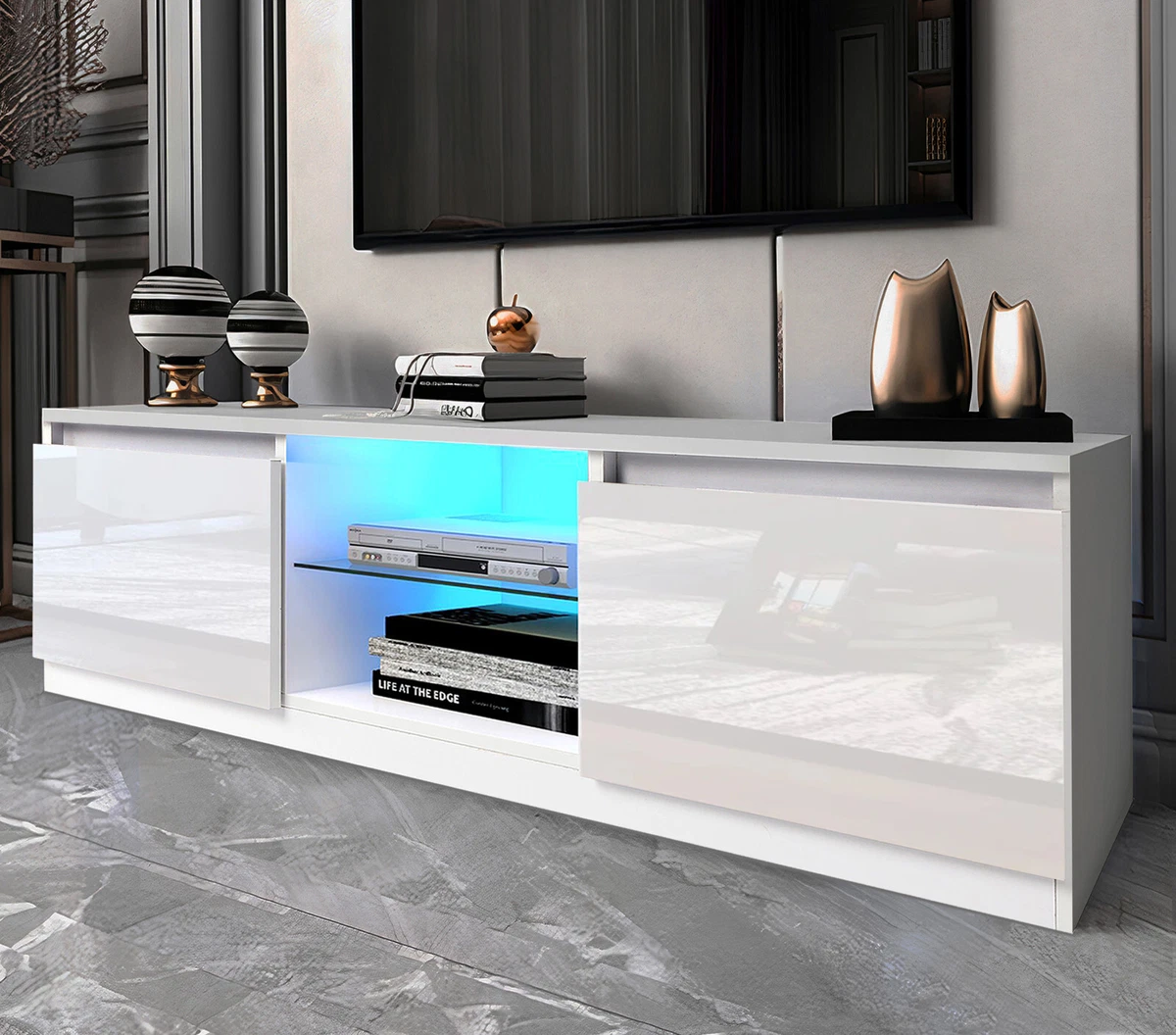 LED TV Stand Cabinet TV Unit Modern High Gloss 2 Door ...