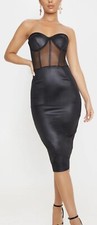 PLT black PU Cup Binding Mesh Insert Midi Dress