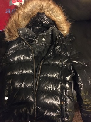 black shiny coat with fur hood zara