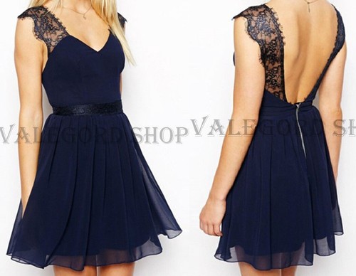 Abito BLU SPALLINE pizzo chiffon S M schiena scoperta vestito vestitino  cocktail | eBay