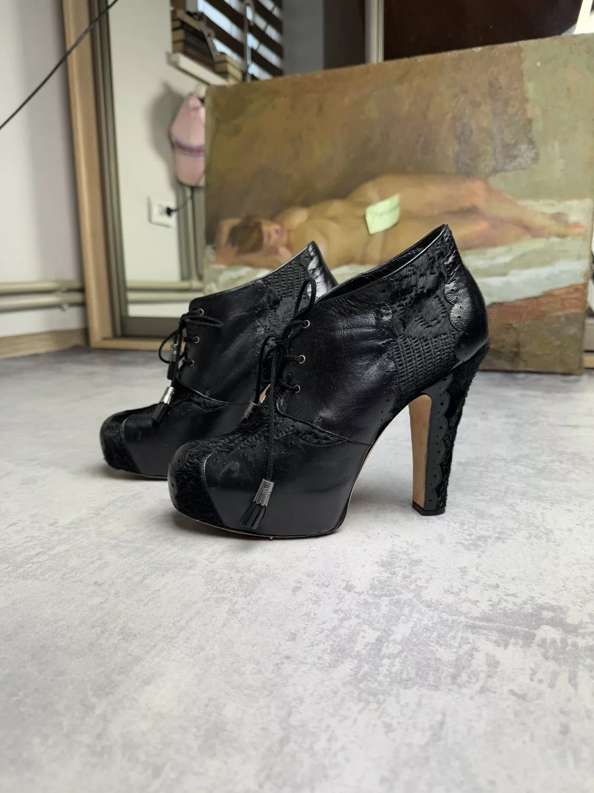 Bottes à talons Christian Dior 2007 John Galliano cuir fourrure vintage année 2000 pointure : 40