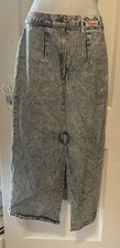 Vintage 80s No Excuses Acid Wash Denim Midi Skirt Front Slit High Waist READ