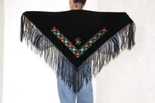 Black velvet piano shawl embroidered flowers Vintage Flamenco Shawl Restored