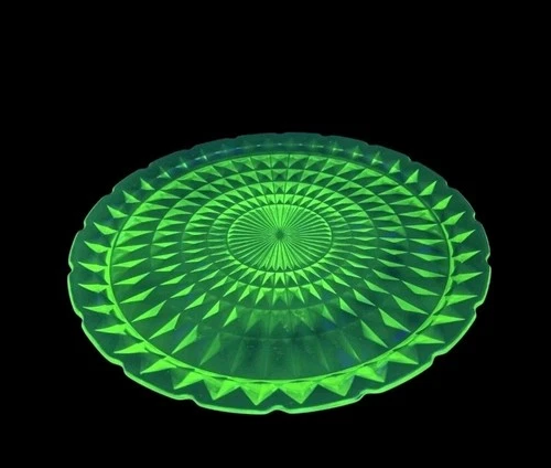 Rare Jeanette Uranium Green Glass Windsor Diamond Torte Chop Tray LARGE 13 1/2”