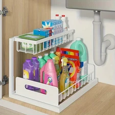 2 Tier Under Sink Organizer, Pull Out Cabinet Shelf, Metal Storage Rack..