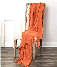 Orange Throw Blanket Open Weave with Fringes 50 x 60 - Rizzy Home