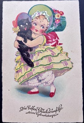 Antique Black Cat Postcard Germany 1925 Dressed Up Girl With Her Cat. 327
