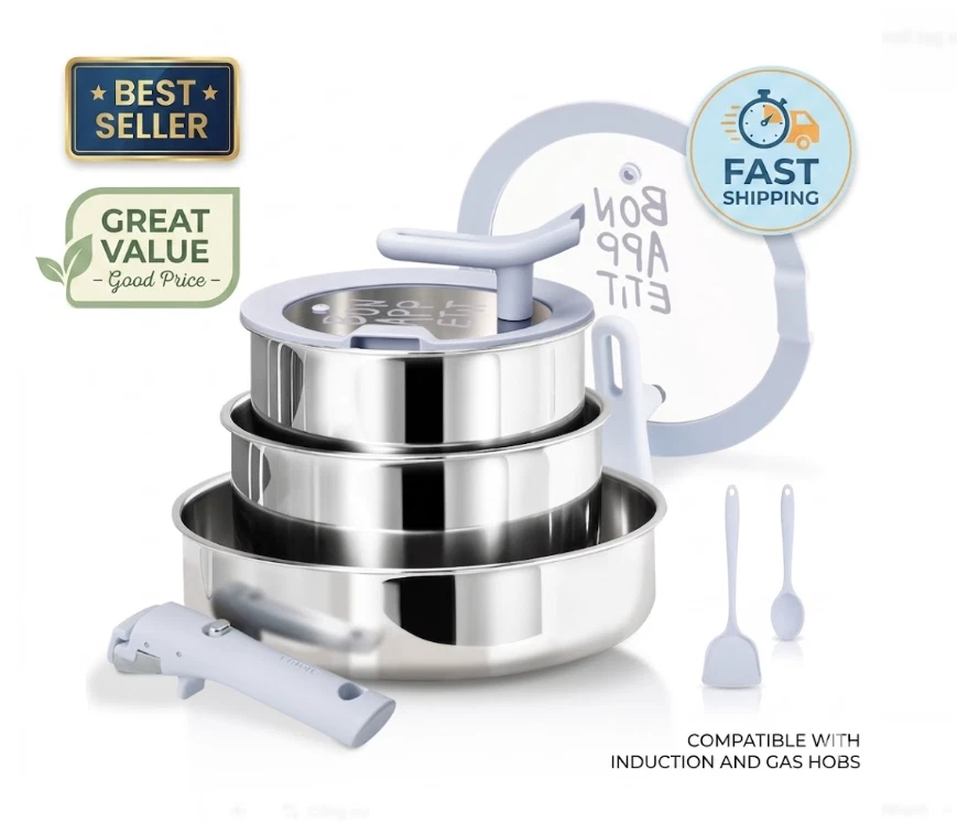 10Pc Tri-Ply Stainless Steel Cookware Set w/ Detachable Handle Induction