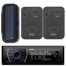 Pyle Marine Boat AM/FM/MP3/USB/AUX Receiver, 2x 4" 30W In/Out Speakers , Cover