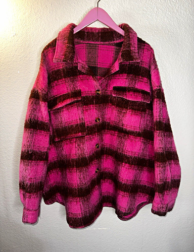 SHEIN CURVE Women’s 4XL Pink Black Plaid Shacket Jacket Button Front Pockets