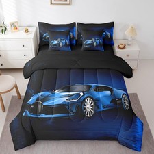 Sports Car 7 Piece Bedding Set Blue Race Car Comforter Set with Sheets for Bo...