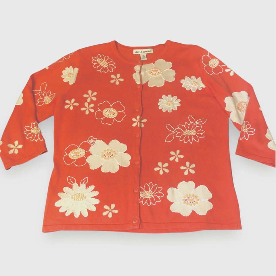 David Brooks Orange Floral Cardigan Sweater Women's L Embroidered 3/4 Sleeves - Image 2 of 4