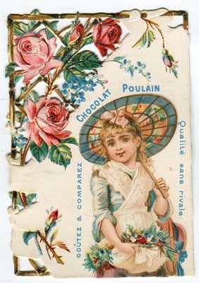 GlanzbilderOblaten scraps Karte Mädchen Schirm  Blumenrand  Poulain 9,8 cm
