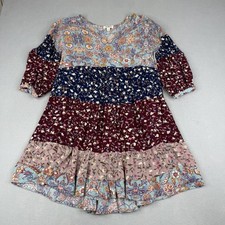 Umgee Boho Floral Tunic Mini Dress Tiered Peasant Sleeve Cottagecore S