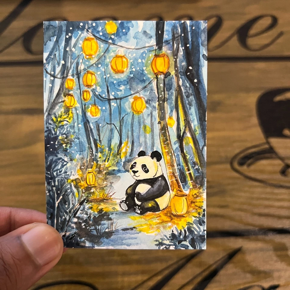 09 Pcs ACEO Original Art Card Panda Cat Elephant Watercolor 100% Hand Painting - image 2 of 4