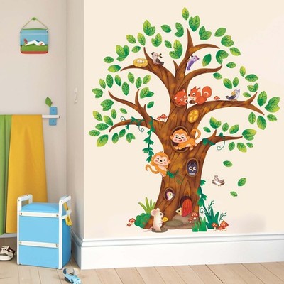 Animals Tree Wall Stickers for Kids: Peel and Stick Woodland Squirrel Monkey ...