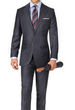2025 JOS A BANK SIGNATURE GOLD Charcoal Flannel Chalk Striped Full Suit 42R Wool