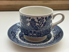 Churchill Blue Willow Cup & Saucer Set England Blue White Pagoda Transferware