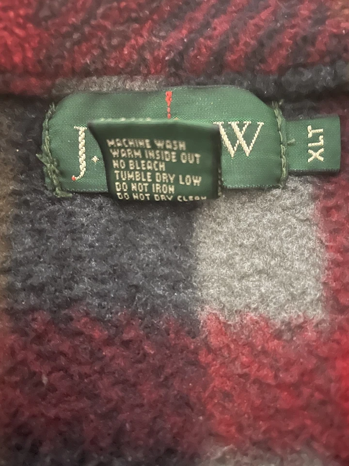 Vintage 90’s J Crew Fleece Men XL Tall Oarsman Pullover Jacket Plaid Red  - Image 3 of 4