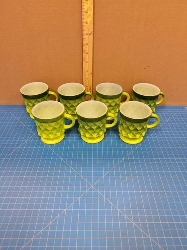 Vintage Anchor Hocking Fire King Avocado Green Diamond Mugs Set 7 USA Made