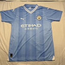 Manchester City Soccer Jersey Mens Large Blue Football Puma Etihad Airways