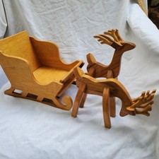 Two Wooden Reindeer and Sleigh Holiday Christmas Decor READ 