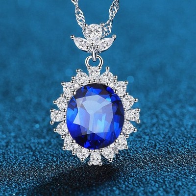 Certified 7ct Lab Grown Blue Sapphire Diamond Necklace, 18K Gold Vermeil Elegant