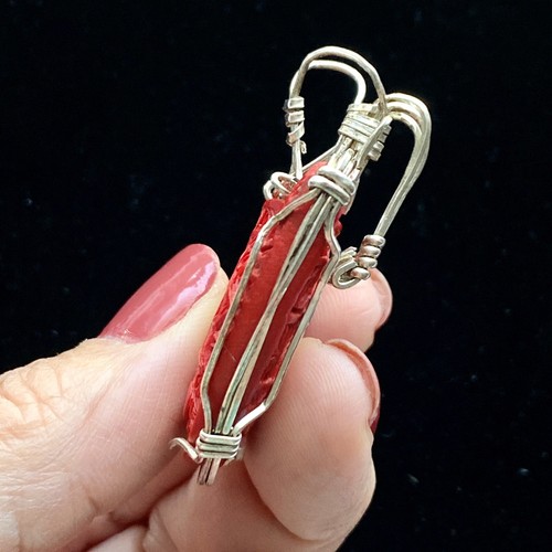 Carved Red Faux Cinnabar & Handmade Silver Wire Wrapped Pendant 1.5” - Picture 3 of 7
