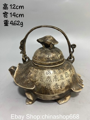 5.6"Marked Old China Silver Dynasty Ancient Characters Two Turtle Lucky Teapot - Picture 2 of 9