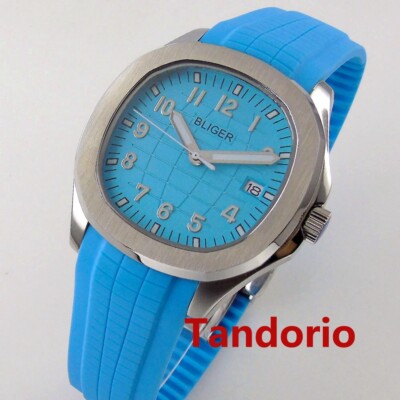 40mm BLIGER Sky Blue Grid Dial NH35A Auto Men Watch Sapphire Glass Date Rubber