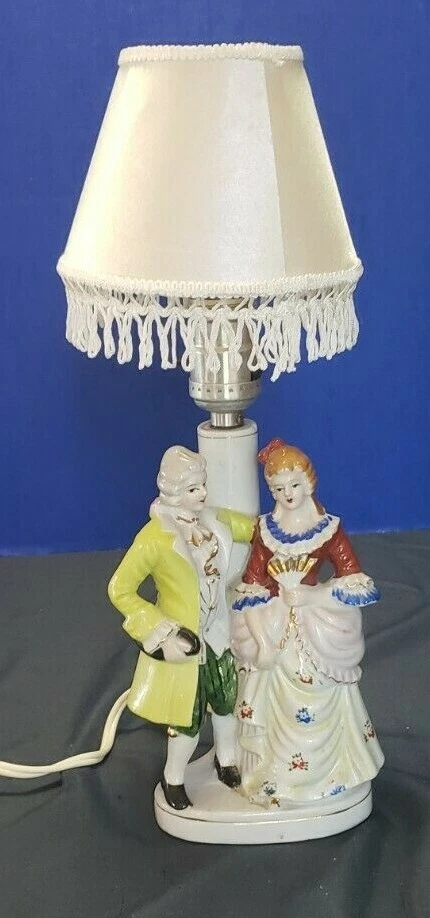 Antique Victorian Man Woman Porcelain Figurine Table Lamp Set W Shades