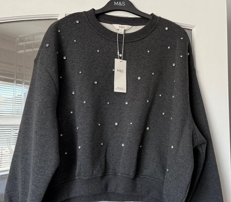 Lovely BNWT M&S grey cotton blend diamante embellished sweatshirt - M (12-14) - Image 2 of 3