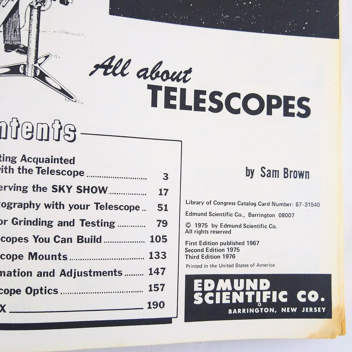 All About Telescopes Sam Brown Edmund Scientific Optic Library 9094 1976  3rd Ed