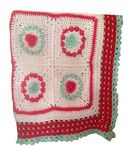 Crochet Baby Stroller Blanket Mint Green, Rose Hearts , Granny Squares - Picture 3 of 5